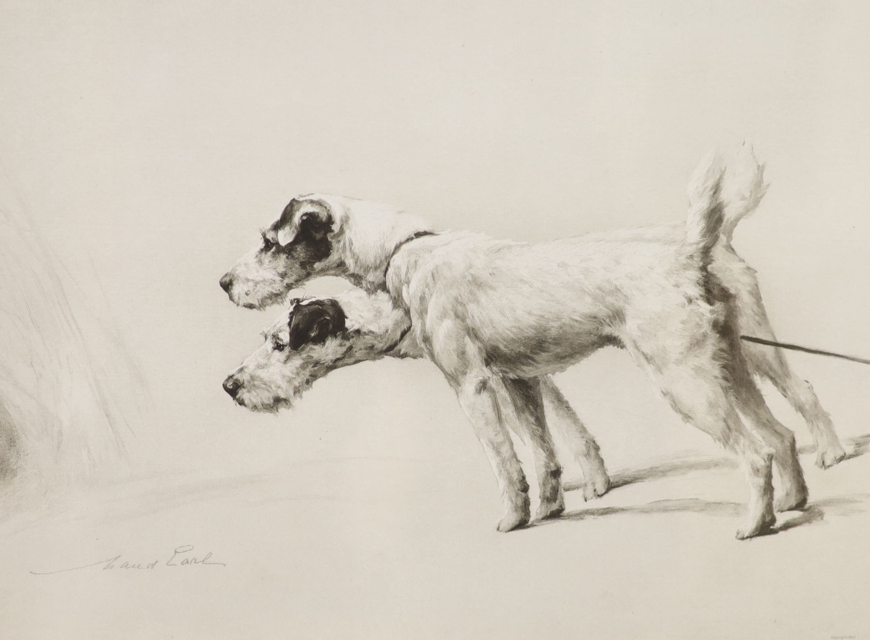 Philip Crenell, mixed media, Ruin at Drummonread, 28 x 37cm, and a Maud Earl print of terriers